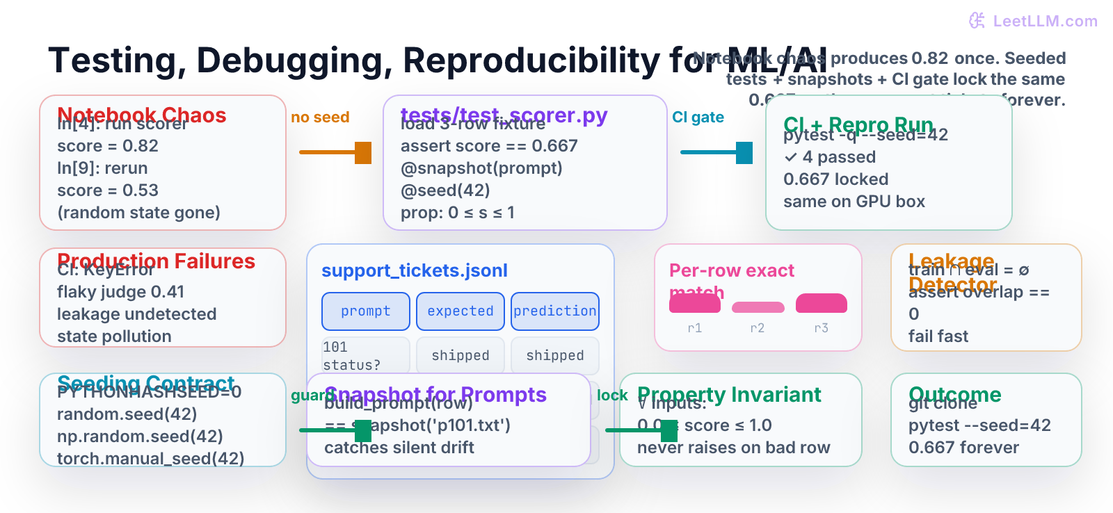 Testing, Debugging & Reproducibility for ML/AI: chaotic notebook with varying 0.82/0.53 scores and lost random state, arrow labeled 'no seed', proper tests/test_scorer.py with pytest asserts + snapshot + @seed(42), CI gate box showing 'pytest --seed=42 ✓ 0.667 locked', failure path boxes for flaky judge / leakage / state pollution, the three-row support_tickets.jsonl matrix, leakage detector, seeding contract, and final reproducible 'git clone && pytest → 0.667 on any machine' outcome