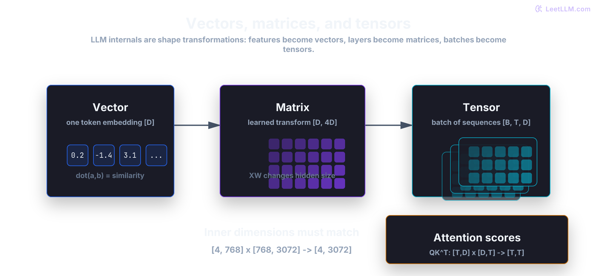 A visual map connecting vectors, matrices, and tensors to LLM embeddings, weight matrices, hidden states, and attention scores.