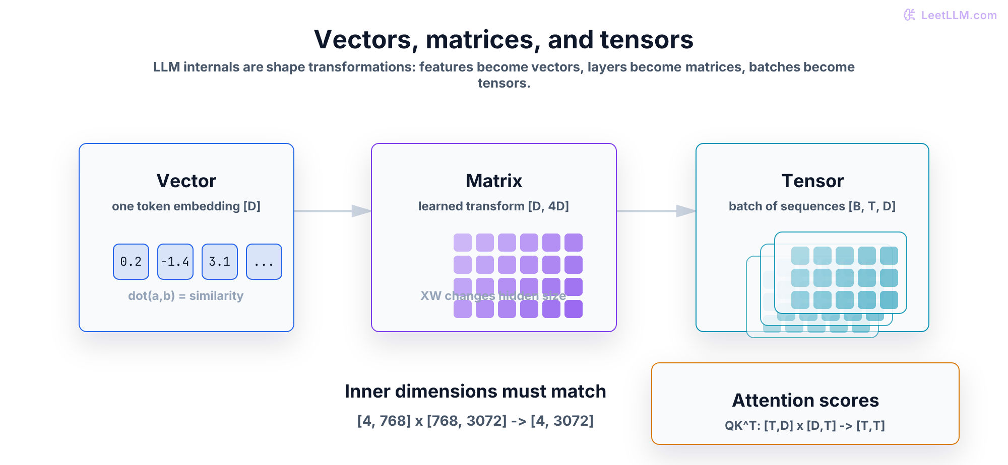 A visual map connecting vectors, matrices, and tensors to LLM embeddings, weight matrices, hidden states, and attention scores.