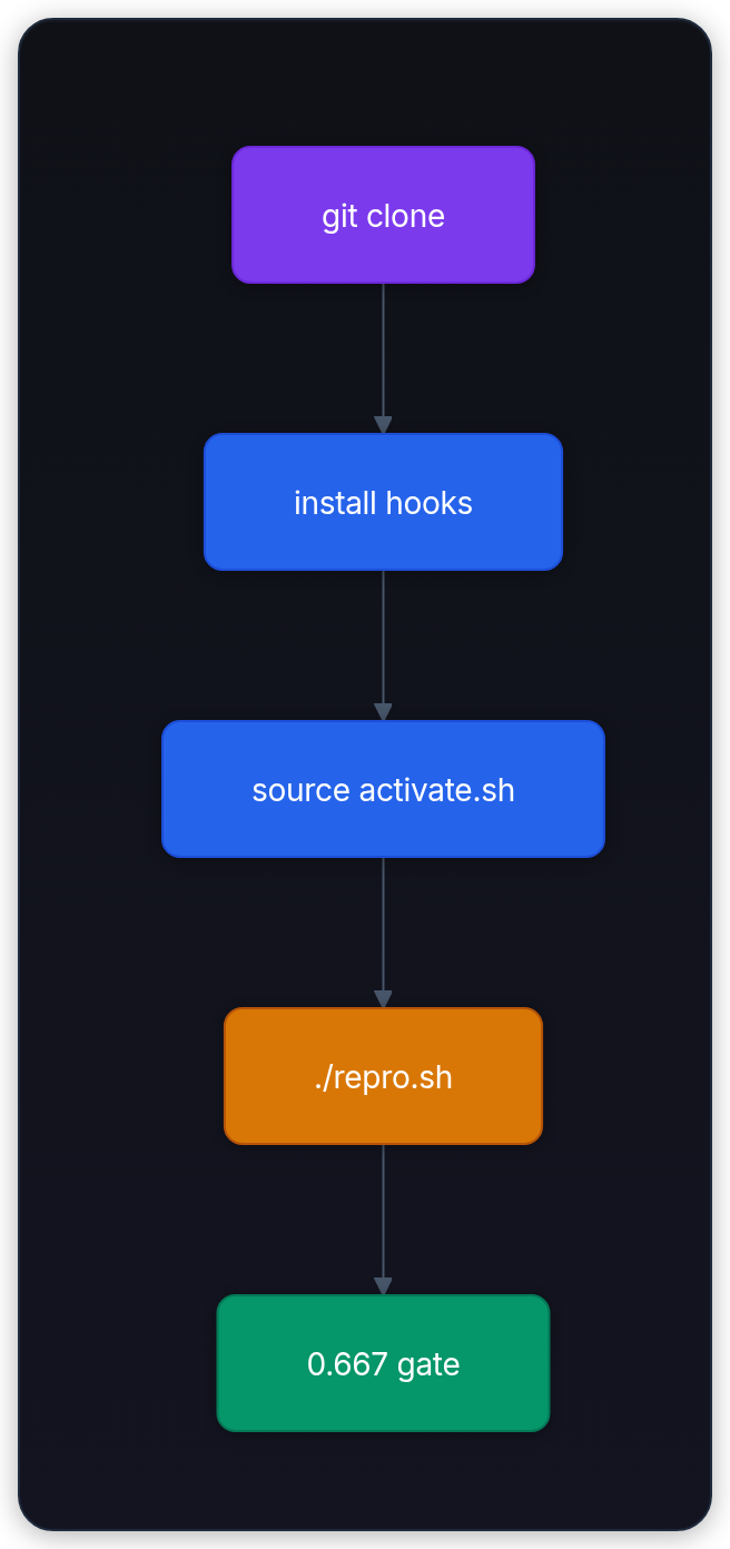 Diagram showing git clone, install hooks, source activate.sh, and ./repro.sh.