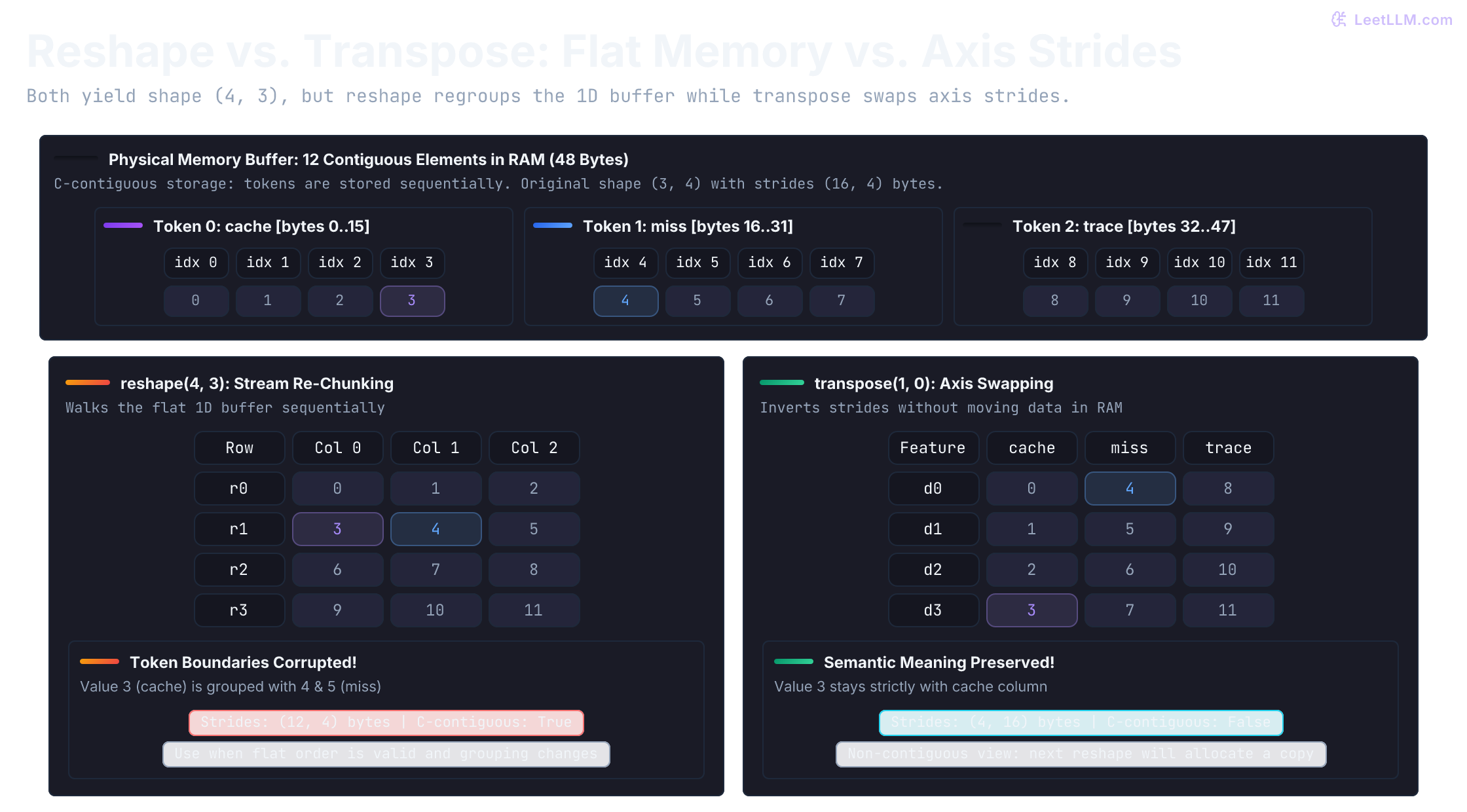 Snippet 0 as a 3 by 4 grid and its 1D physical memory buffer of 12 elements. Reshape to 4 by 3 chunks the flat stream sequentially with strides (12, 4), causing 3 to sit beside 4. Transpose to 4 by 3 swaps strides to (4, 16) without moving data, keeping 3 bound to cache in a non-contiguous view.