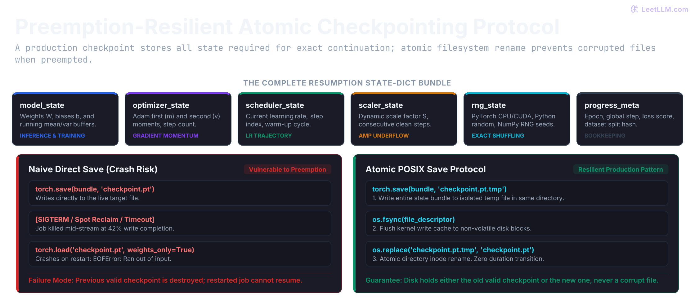 Resilient atomic checkpointing architecture showing the complete state dict bundle with model, optimizer moments, scheduler, GradScaler, and RNG state, contrasting naive direct torch.save that leaves corrupt files on preemption against the atomic pattern using staging write, fsync, and POSIX os.replace.