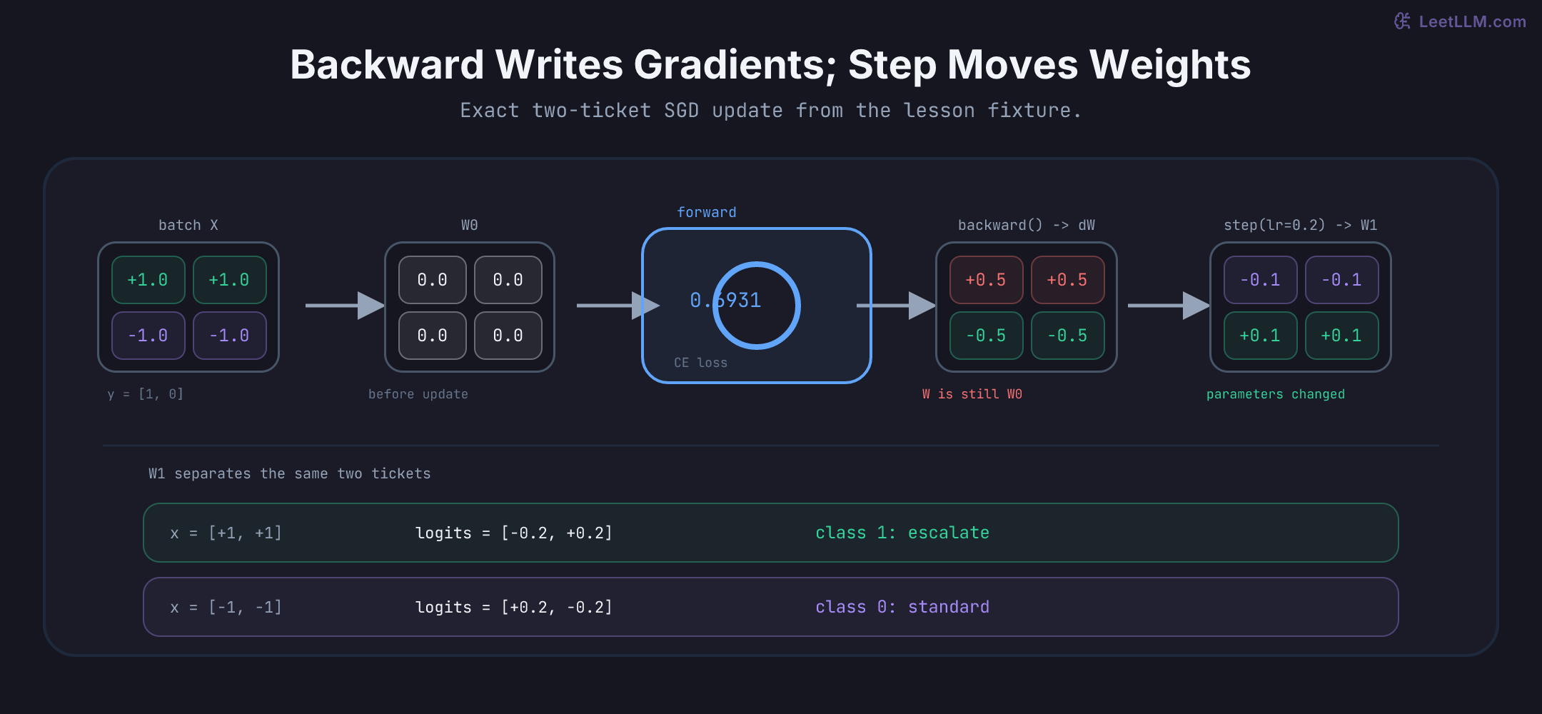 Exact PyTorch optimizer update showing a two-ticket input matrix, zero initial weights, cross-entropy loss 0.6931, the gradient matrix written by backward, unchanged weights after backward, SGD weights after a 0.2 learning-rate step, and the resulting correct route logits.