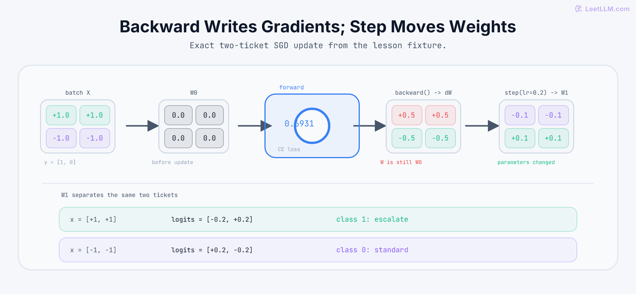 Exact PyTorch optimizer update showing a two-ticket input matrix, zero initial weights, cross-entropy loss 0.6931, the gradient matrix written by backward, unchanged weights after backward, SGD weights after a 0.2 learning-rate step, and the resulting correct route logits.