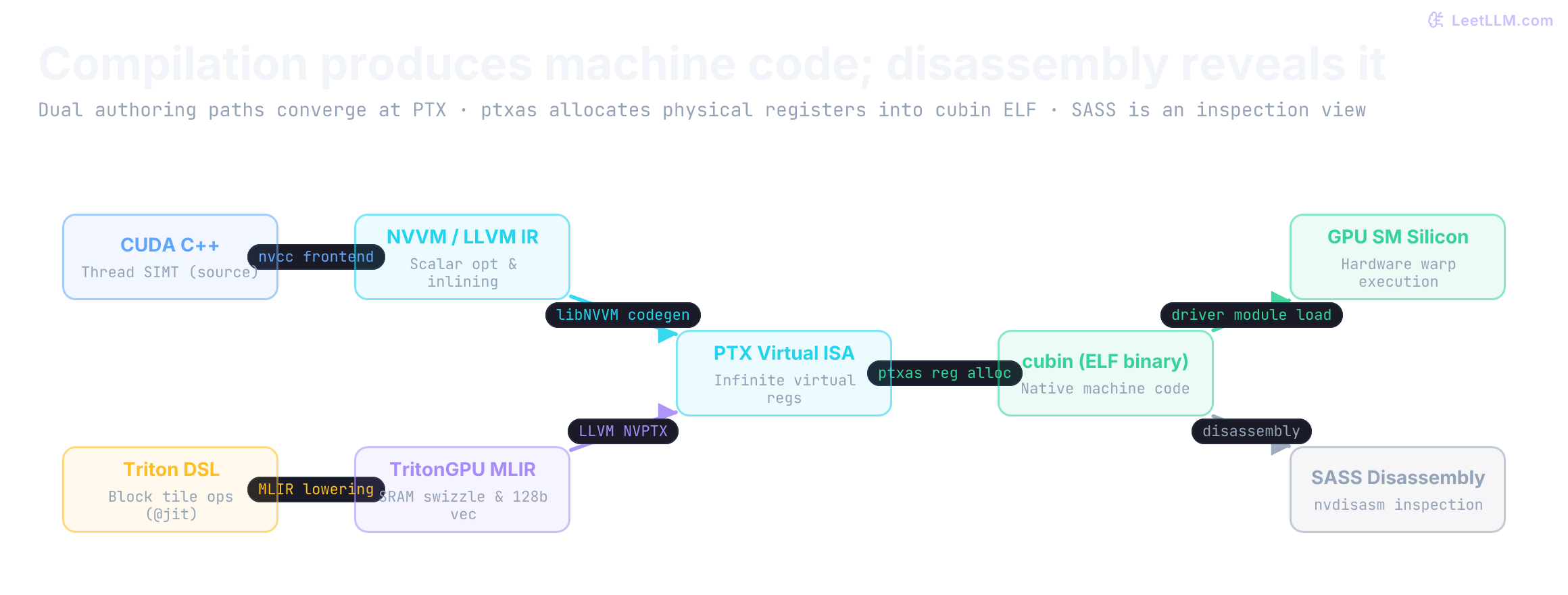 The GPU compilation pipeline shows CUDA C++ and Triton converging through frontend IR and MLIR into PTX virtual ISA. ptxas performs physical register allocation and instruction scheduling to emit the cubin ELF binary, which the CUDA driver loads onto GPU silicon, while nvdisasm disassembles it into SASS for inspection.