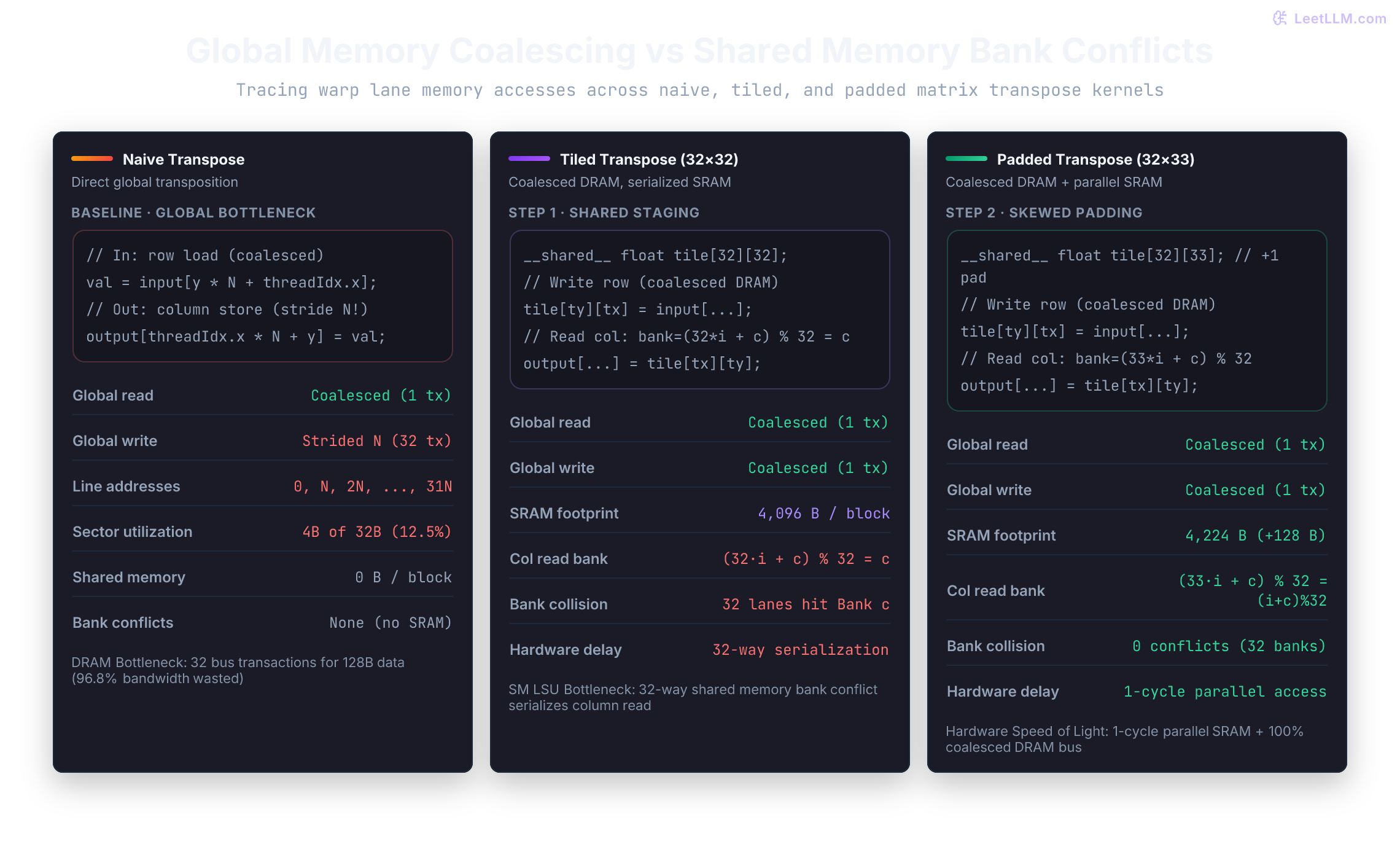 Comparison of naive transpose, tiled transpose with a 32 by 32 tile, and padded transpose with a 32 by 33 tile. Naive transpose suffers from strided global writes with 32 separate transactions. Tiled transpose coalesces global writes but suffers 32-way shared memory bank conflicts on column reads. Padded transpose eliminates bank conflicts entirely by offsetting row strides, achieving 1-cycle parallel shared access and coalesced global memory transactions.