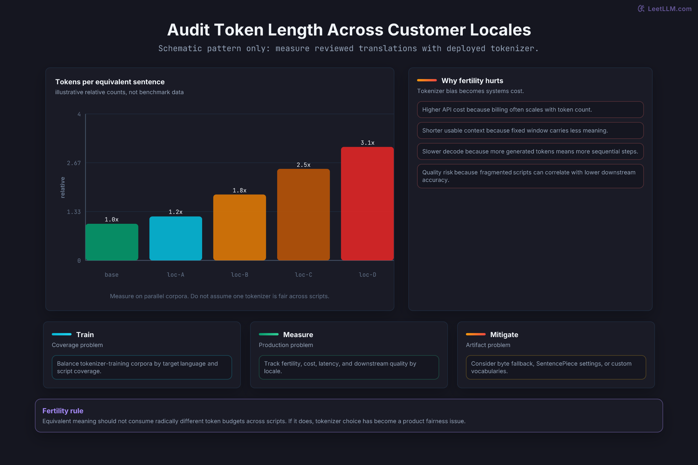 Schematic multilingual token-length audit showing how equivalent messages can use different token budgets and affect cost, context, latency, and quality checks.
