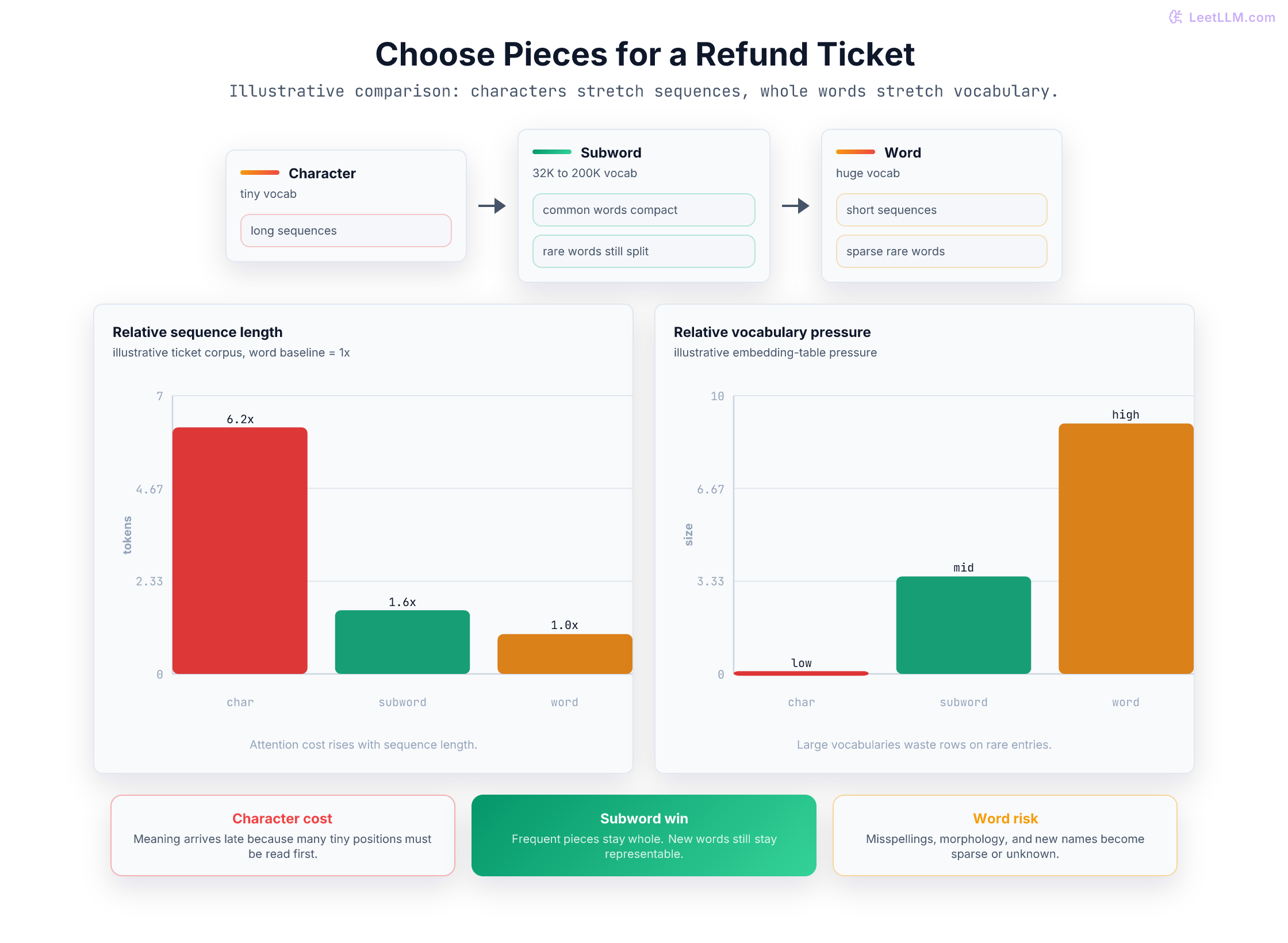 Token granularity tradeoff comparing character, subword, and word tokenization by vocabulary size, sequence length, unknown-token risk, and practical model fit.