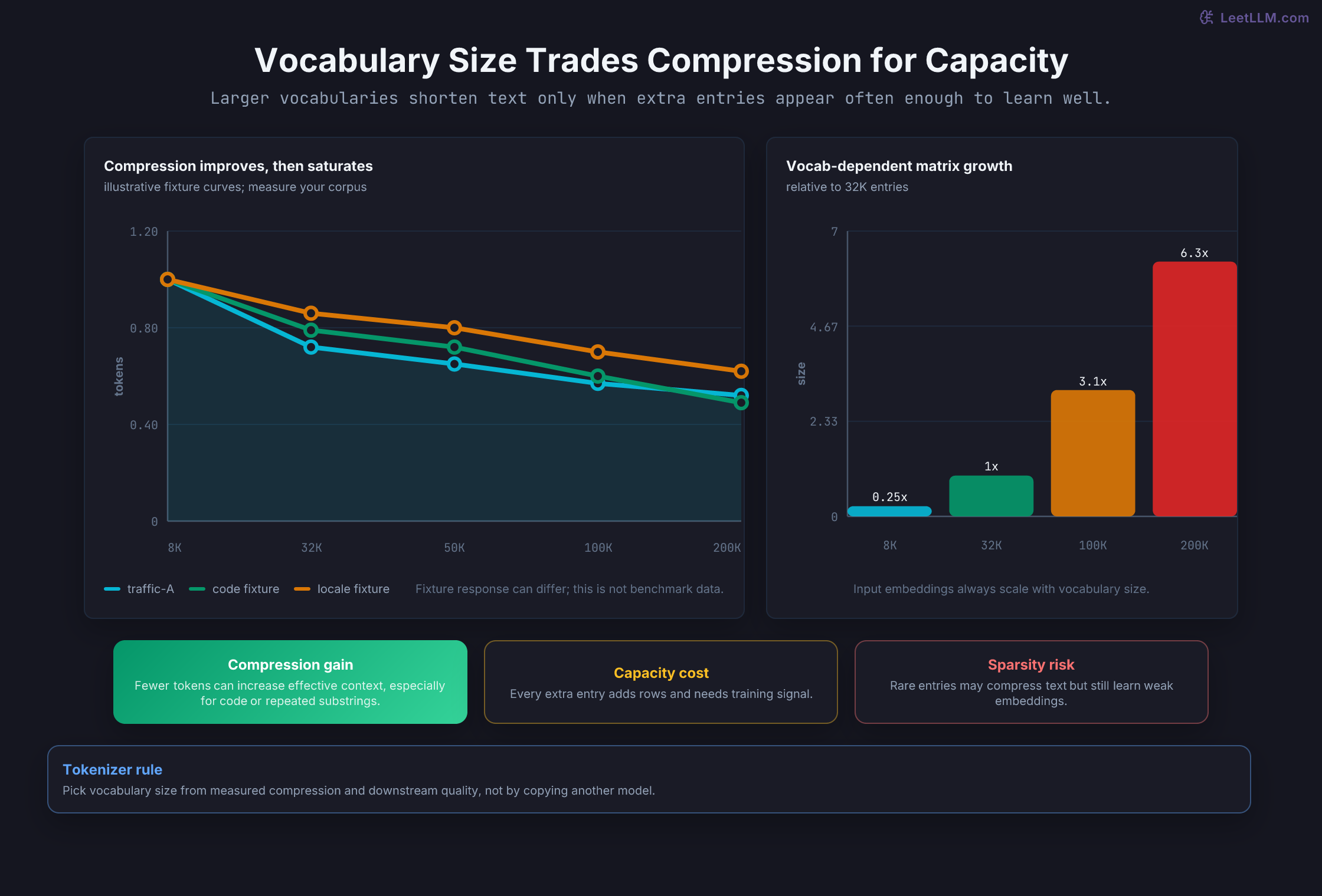 Vocabulary size tradeoff chart showing larger tokenizer vocabularies shortening sequences while increasing embedding memory and rare-token sparsity risk.