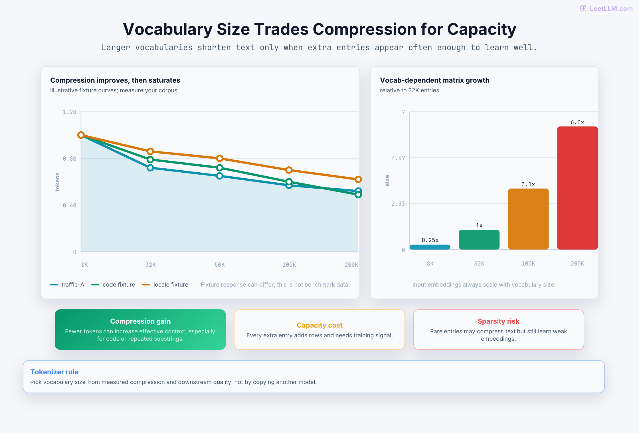 Vocabulary size tradeoff chart showing larger tokenizer vocabularies shortening sequences while increasing embedding memory and rare-token sparsity risk.