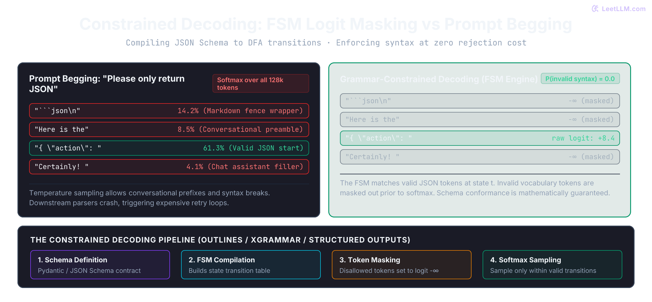 Constrained decoding compiles a JSON Schema into a finite state machine that masks vocabulary logits before softmax. Disallowed tokens receive minus infinity logit, guaranteeing zero syntactic errors, whereas unconstrained prompt begging allows conversational filler and invalid JSON tokens.