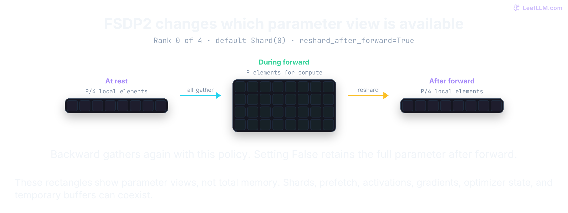 Default FSDP2 dimension-zero sharding on four ranks with reshard_after_forward=True. Rank zero has a one-row weight shard at rest, a four-row full parameter for forward computation, then the shard again. A full parameter view is not a total peak-memory estimate, and backward requires another gather under this policy.