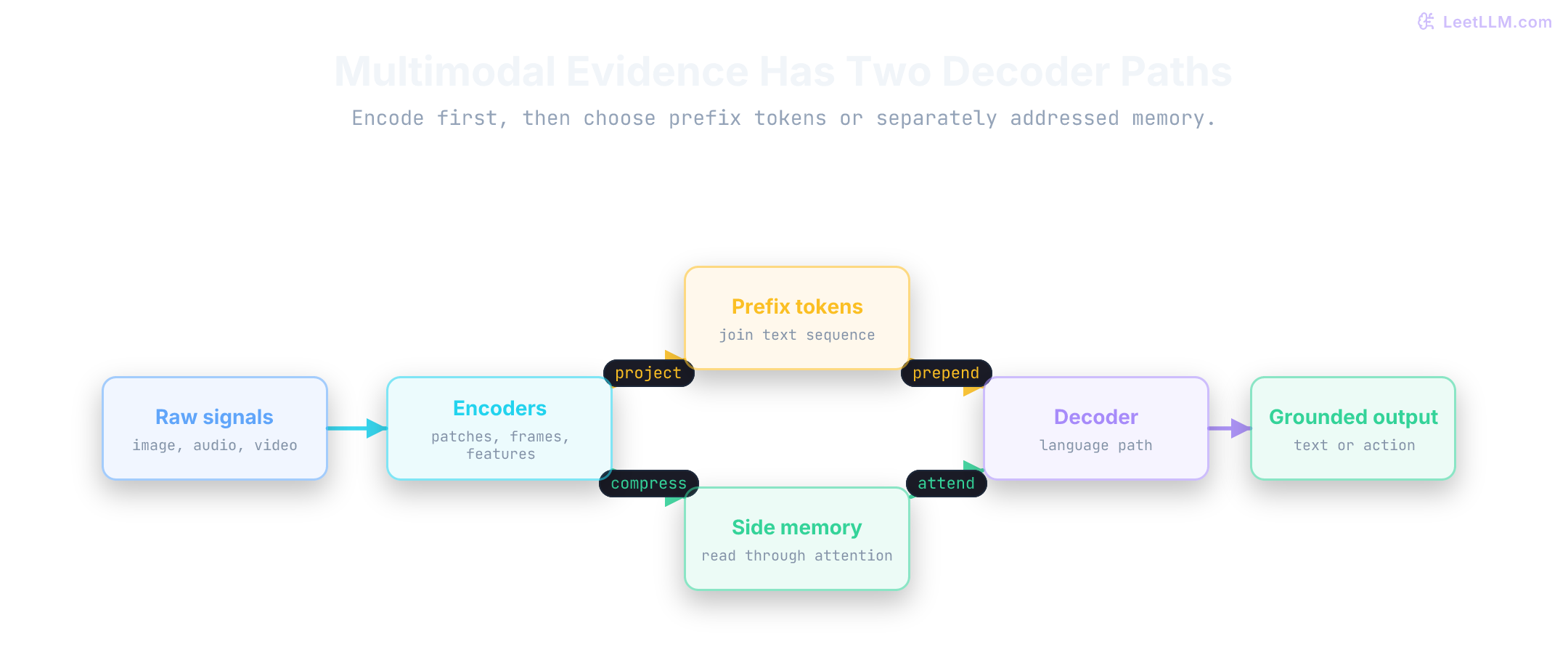 Multimodal architecture where raw image, audio, and video signals pass through modality encoders, then enter a decoder as either prefix tokens or separately addressed visual memory.