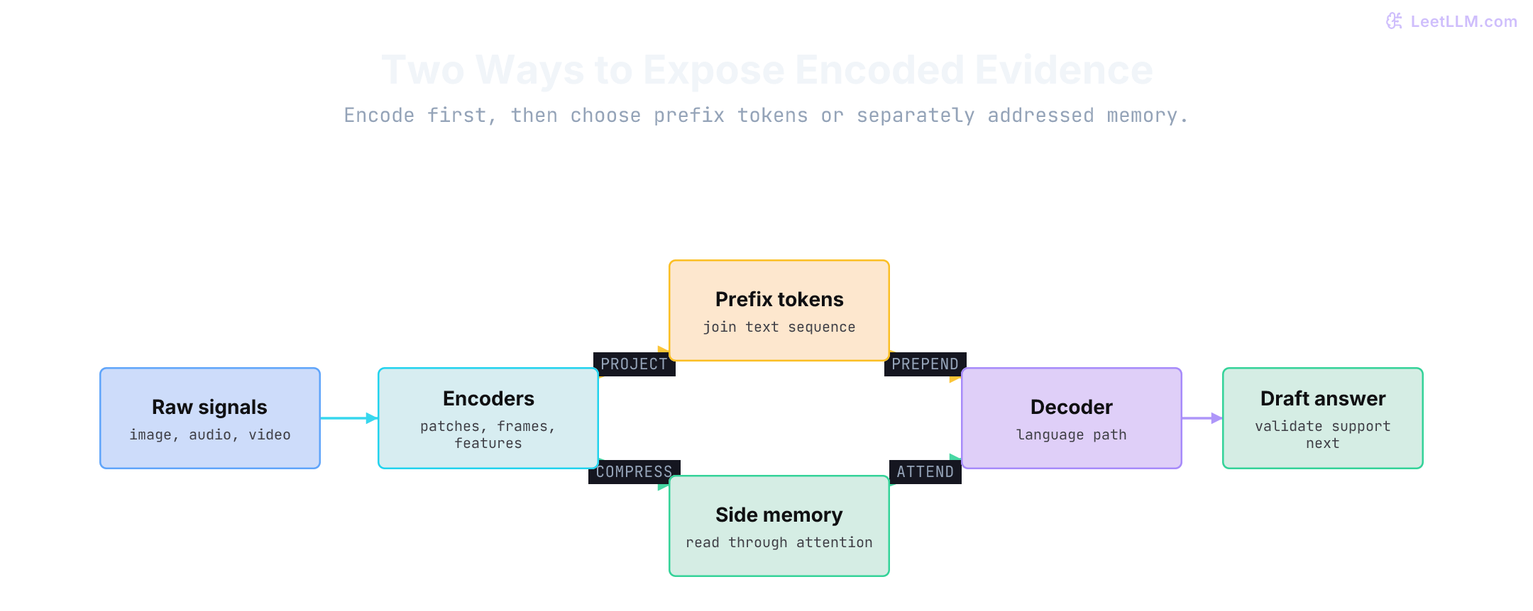 Multimodal architecture where raw image, audio, and video signals pass through modality encoders, then enter a decoder as either prefix tokens or separately addressed visual memory.