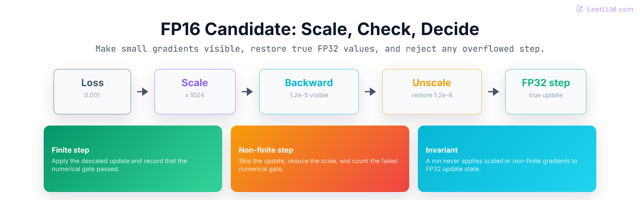 FP16 candidate run showing loss scaling, visible gradients, FP32 unscaling, optimizer step, and overflow backoff.