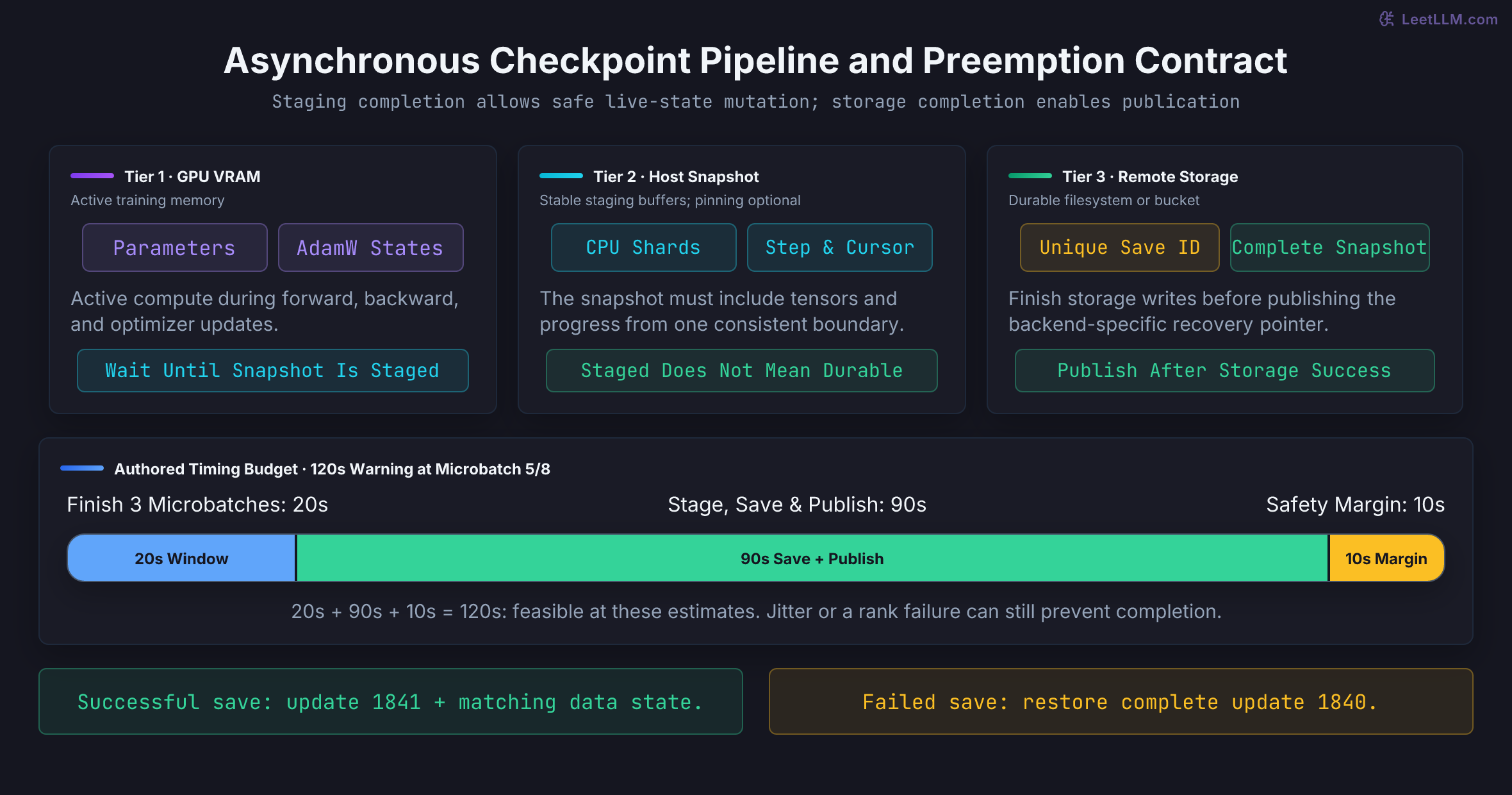 Checkpointing separates live training state, stable host staging buffers, and durable storage. Live state must not mutate before its snapshot is staged; recovery advances only after storage completion and publication. An illustrative 120-second warning budgets 20 seconds for the remaining window, 90 for saving, and 10 for margin. A failed save leaves update 1840 as the recovery point.