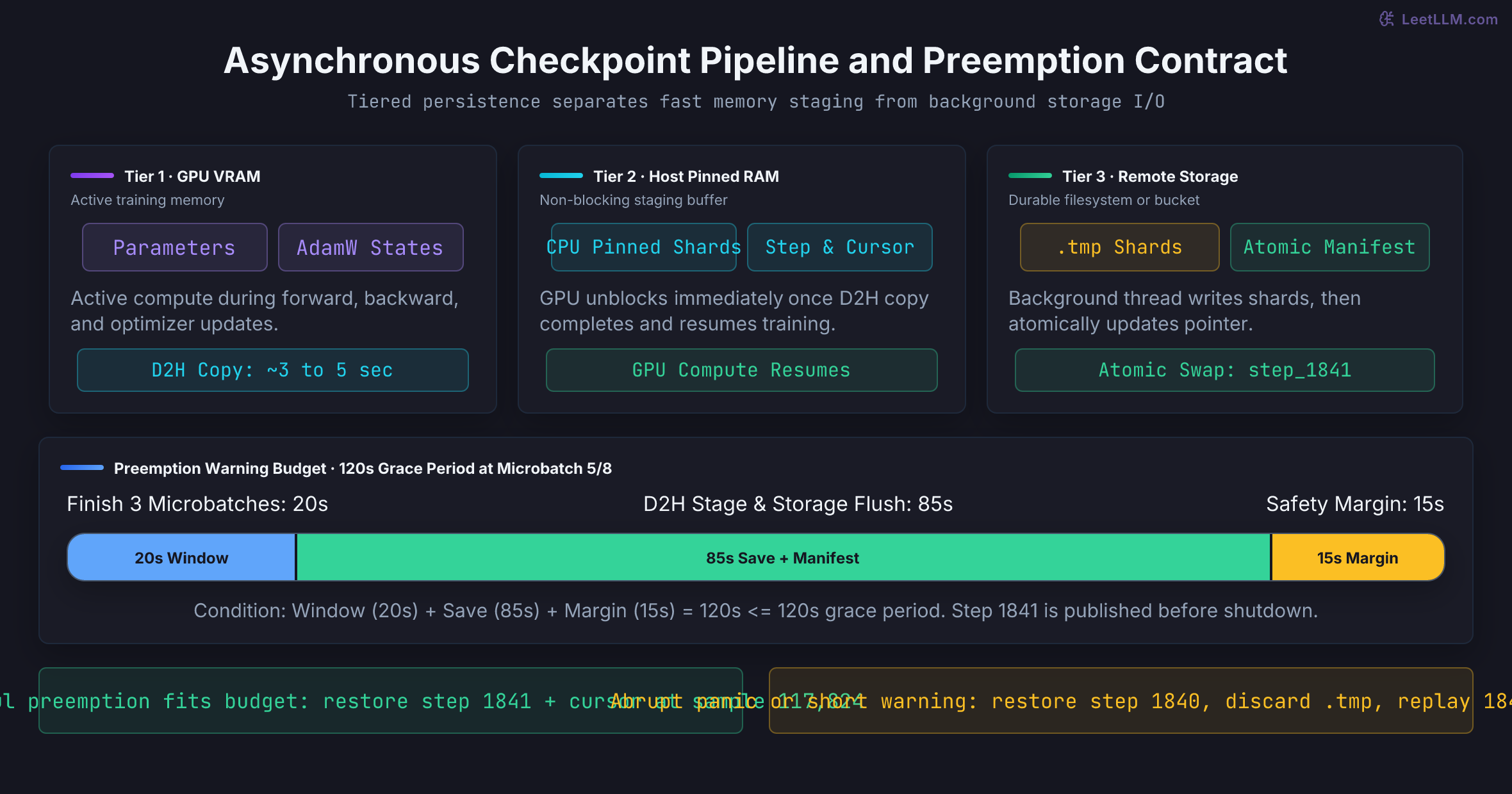 Three-tier asynchronous checkpointing and preemption contract. Sharded state is copied from GPU VRAM to pinned host RAM in 3 seconds, unblocking GPU compute. A background thread writes shards to storage and updates an atomic manifest. A 120-second preemption warning can finish the current accumulation window and commit step 1841; an abrupt crash restores step 1840 from the atomic pointer.